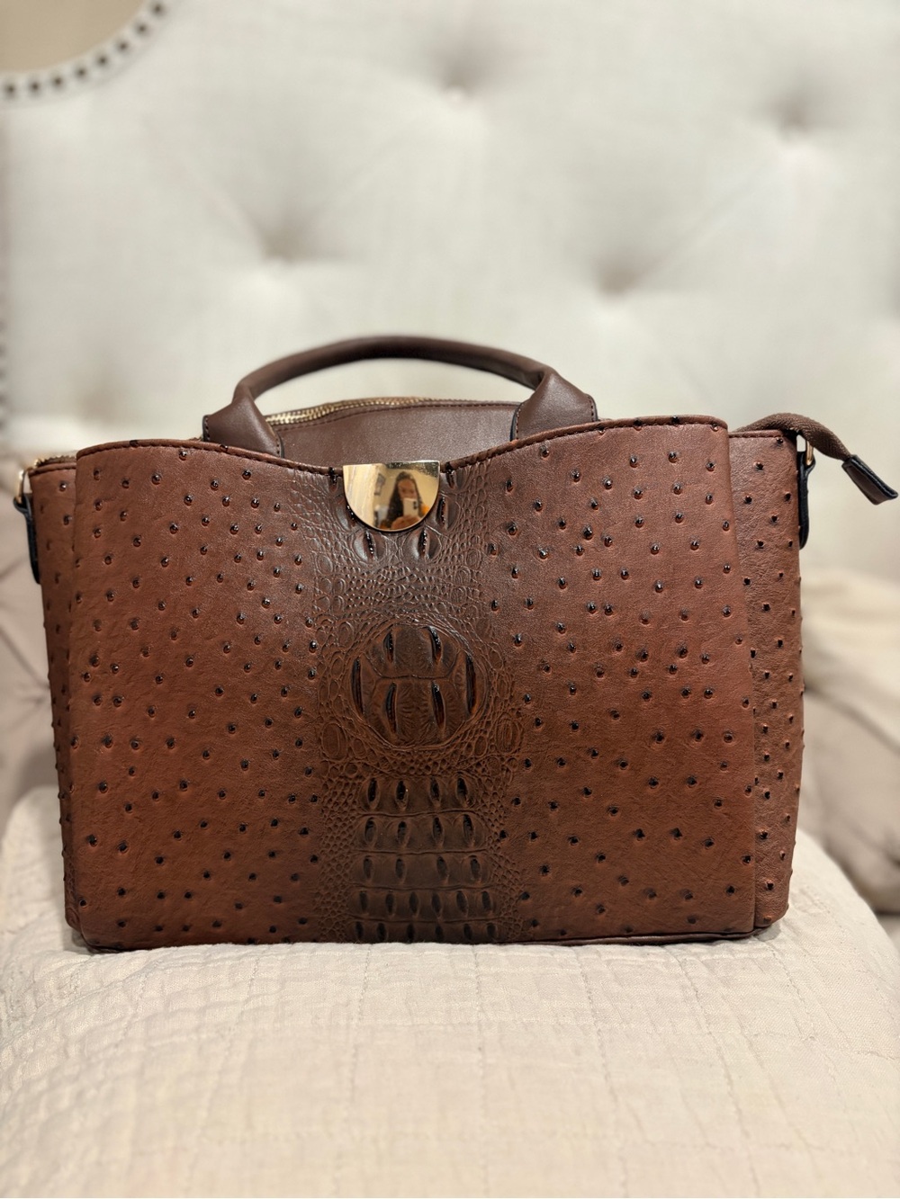 Structured Brown Faux-Ostrich Satchel with Gold-Tone Accent